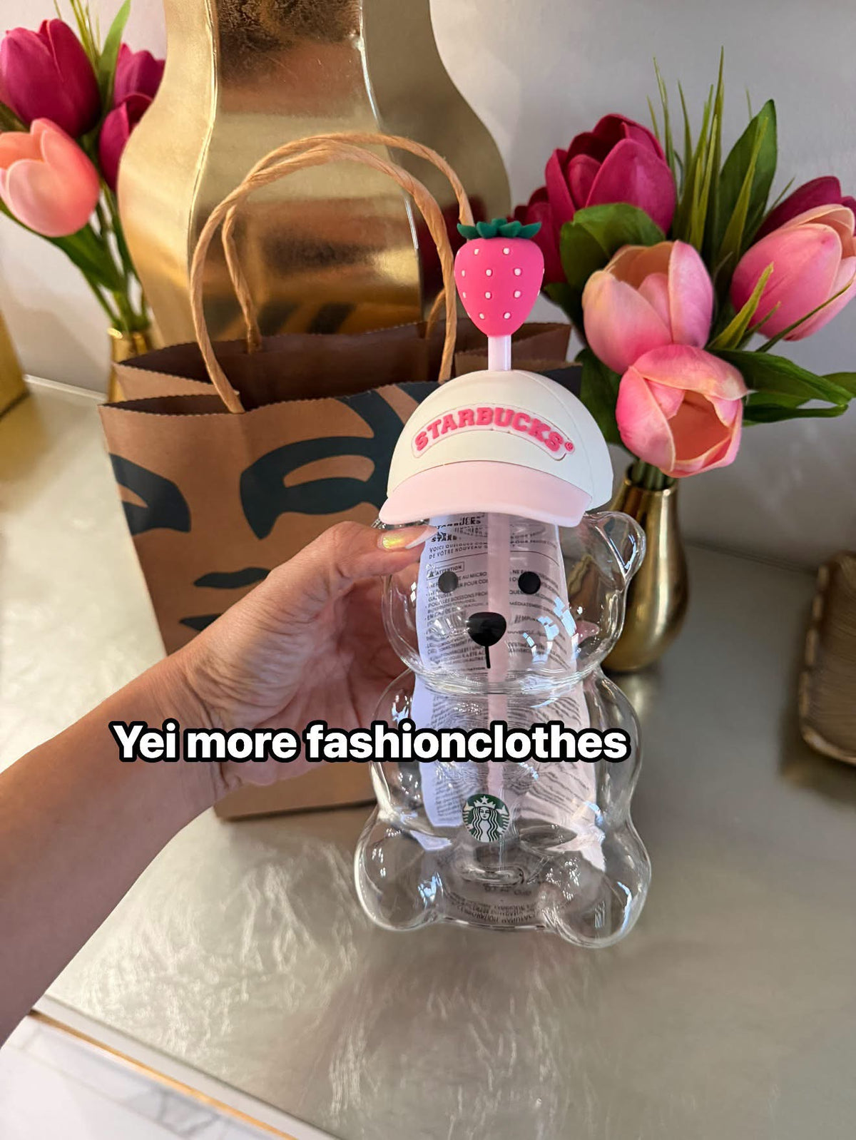 🍓 Strawberry Bear Cup – Includes Starbucks Paper Bag
