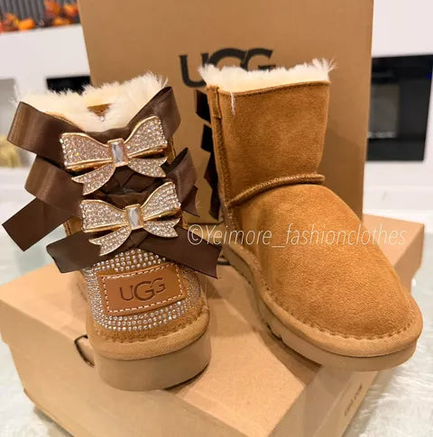 UGG Style Rhinestone Bow Boots for Girls & Women – Premium Quality & Box Included